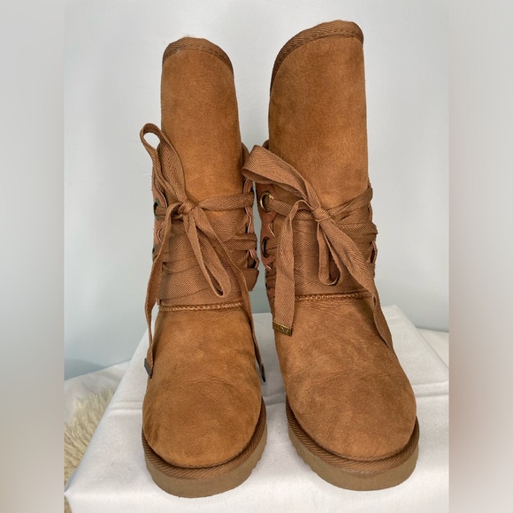 Australia Luxe Collective Tan Bedouin Tall Lace-up Boots Shearling - Picture 1 of 11